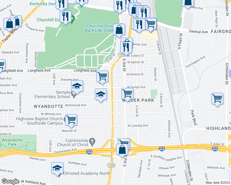 map of restaurants, bars, coffee shops, grocery stores, and more near 4012 Southern Parkway in Louisville