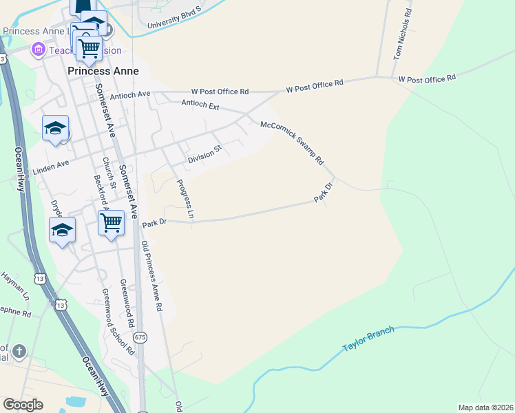 map of restaurants, bars, coffee shops, grocery stores, and more near 30899 Park Drive in Princess Anne