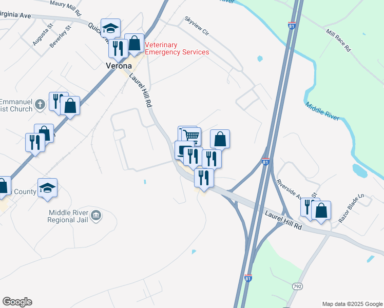 map of restaurants, bars, coffee shops, grocery stores, and more near 208 Laurel Hill Road in Verona