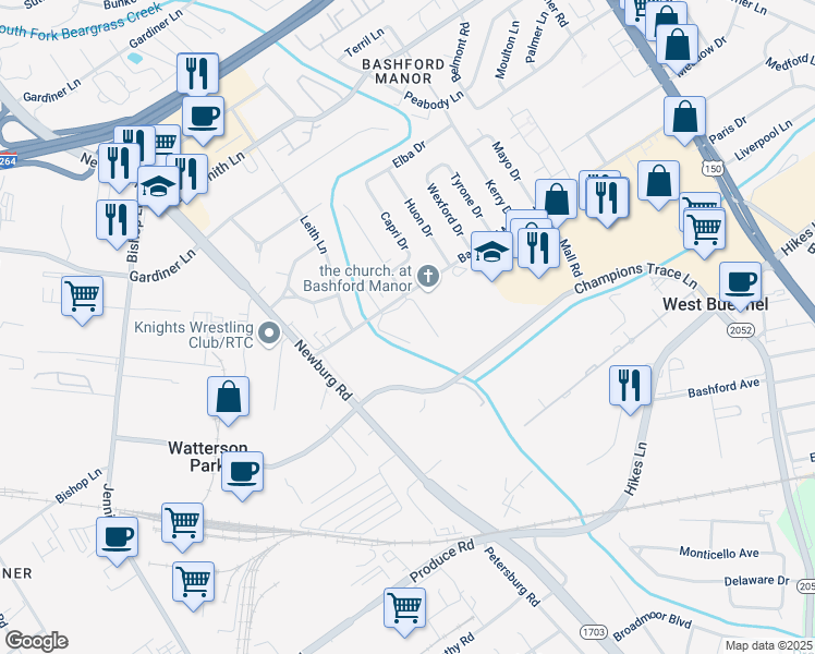 map of restaurants, bars, coffee shops, grocery stores, and more near 1900 Bashford Manor Lane in Louisville