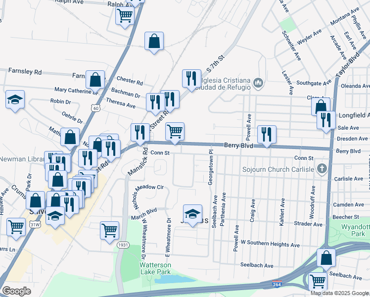 map of restaurants, bars, coffee shops, grocery stores, and more near 1739 Conn Street in Louisville