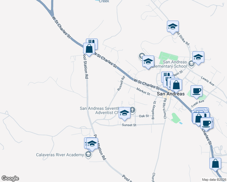 map of restaurants, bars, coffee shops, grocery stores, and more near 460 Russells Road in San Andreas