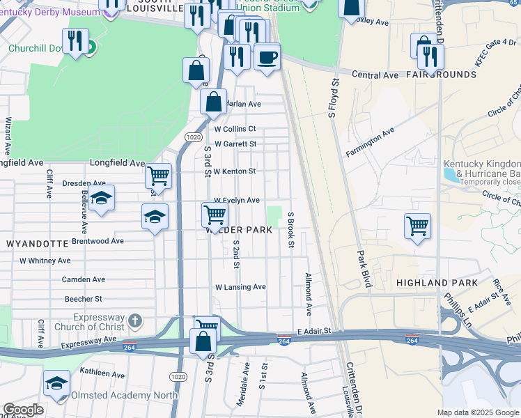 map of restaurants, bars, coffee shops, grocery stores, and more near 4106 South 1st Street in Louisville