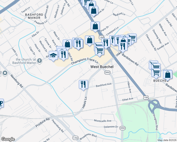 map of restaurants, bars, coffee shops, grocery stores, and more near 3600 Fountain Drive in Louisville