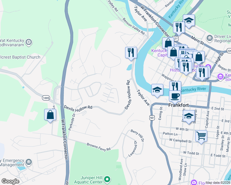 map of restaurants, bars, coffee shops, grocery stores, and more near 100 Pinnacle Court in Frankfort