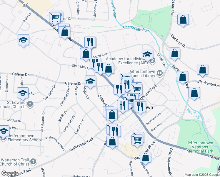 map of restaurants, bars, coffee shops, grocery stores, and more near 3065 Sprowl Road in Jeffersontown