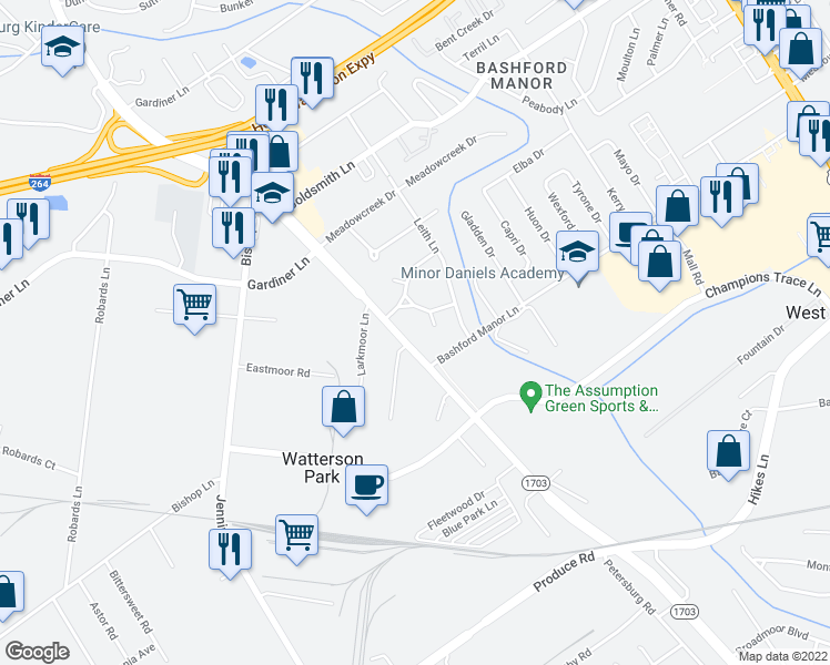 map of restaurants, bars, coffee shops, grocery stores, and more near 3437 Newburg Road in Louisville