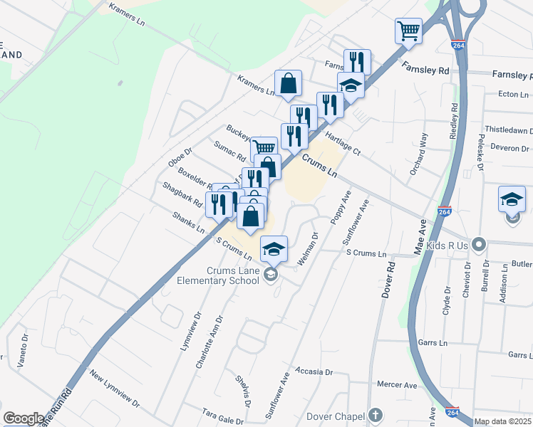 map of restaurants, bars, coffee shops, grocery stores, and more near 3202 Kristin Way in Louisville
