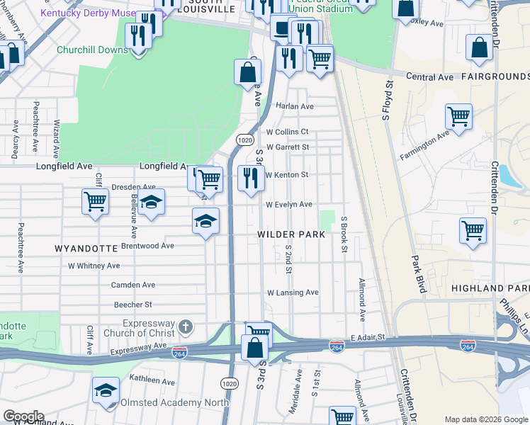 map of restaurants, bars, coffee shops, grocery stores, and more near 4116 South 3rd Street in Louisville