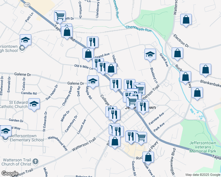map of restaurants, bars, coffee shops, grocery stores, and more near 3045 Sprowl Road in Jeffersontown