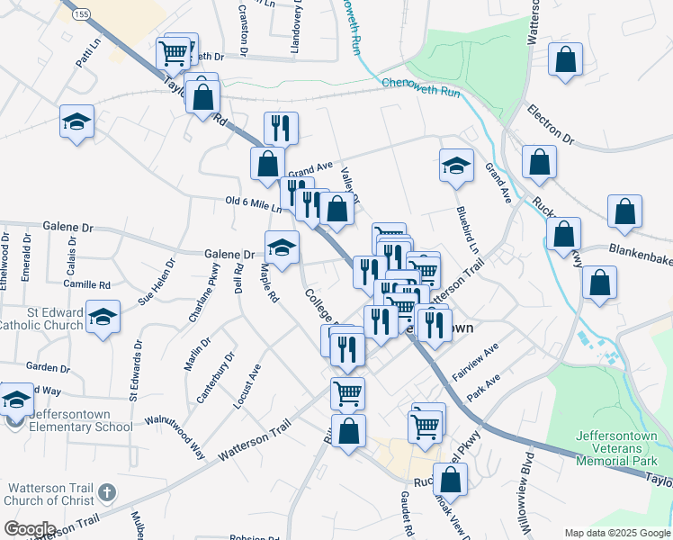 map of restaurants, bars, coffee shops, grocery stores, and more near 3049 Sprowl Road in Jeffersontown