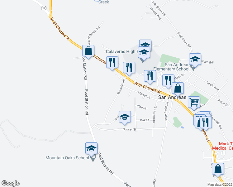 map of restaurants, bars, coffee shops, grocery stores, and more near 422 Russells Road in San Andreas