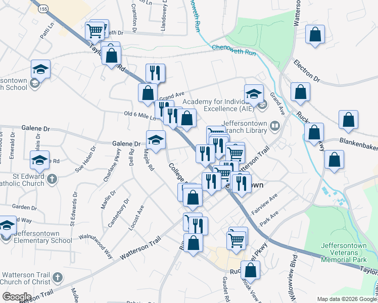 map of restaurants, bars, coffee shops, grocery stores, and more near 3041 Sprowl Road in Louisville