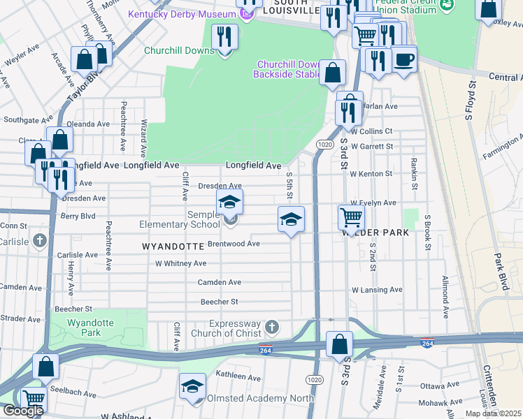 map of restaurants, bars, coffee shops, grocery stores, and more near 538 West Evelyn Avenue in Louisville