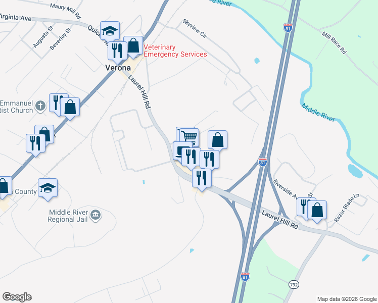 map of restaurants, bars, coffee shops, grocery stores, and more near 208 Laurel Hill Road in Verona
