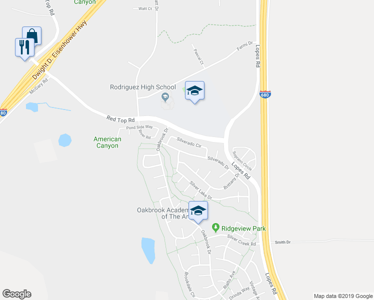 map of restaurants, bars, coffee shops, grocery stores, and more near 5040 Silverado Drive in Fairfield
