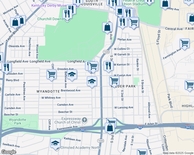 map of restaurants, bars, coffee shops, grocery stores, and more near 4012 Southern Parkway in Louisville