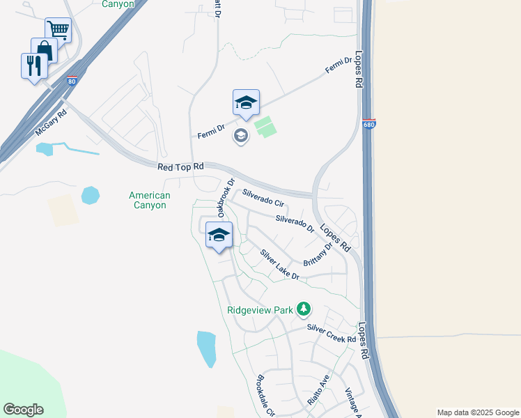 map of restaurants, bars, coffee shops, grocery stores, and more near 5040 Silverado Drive in Fairfield
