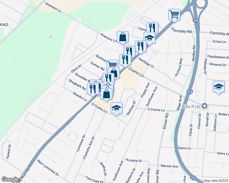 map of restaurants, bars, coffee shops, grocery stores, and more near 3202 Kristin Way in Louisville