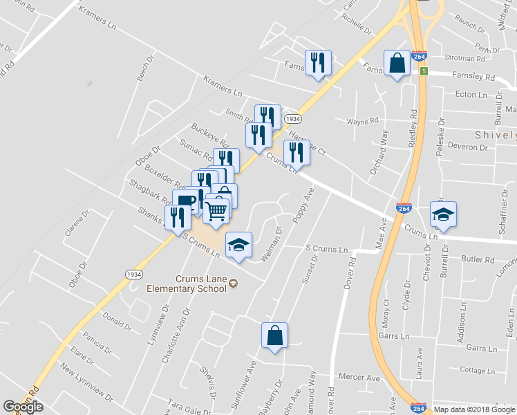 map of restaurants, bars, coffee shops, grocery stores, and more near 3123 Northland Drive in Louisville