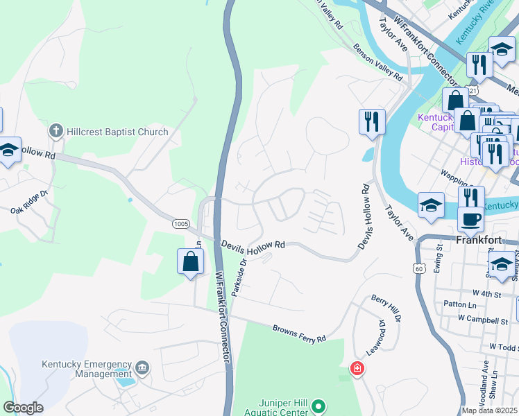 map of restaurants, bars, coffee shops, grocery stores, and more near 111 Darby Shire Circle in Frankfort