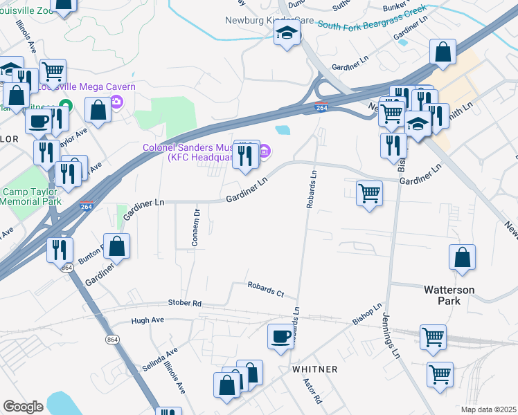 map of restaurants, bars, coffee shops, grocery stores, and more near 1420 Gardiner Lane in Louisville