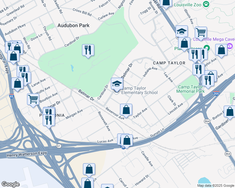 map of restaurants, bars, coffee shops, grocery stores, and more near 1446 Belmar Drive in Louisville