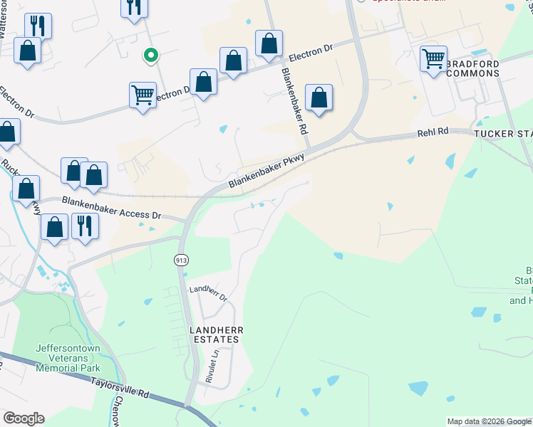 map of restaurants, bars, coffee shops, grocery stores, and more near 12202 Vanherr Drive in Louisville