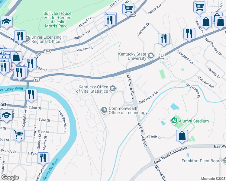 map of restaurants, bars, coffee shops, grocery stores, and more near 275 East Main Street in Frankfort