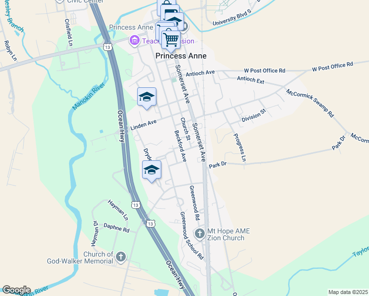 map of restaurants, bars, coffee shops, grocery stores, and more near 11484 Somerset Avenue in Princess Anne