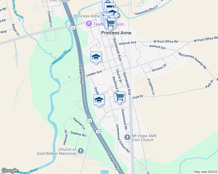 map of restaurants, bars, coffee shops, grocery stores, and more near 11464 Peters Avenue in Princess Anne