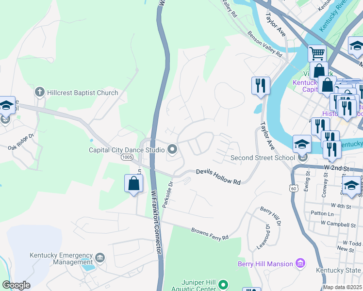 map of restaurants, bars, coffee shops, grocery stores, and more near 111 Darby Shire Circle in Frankfort