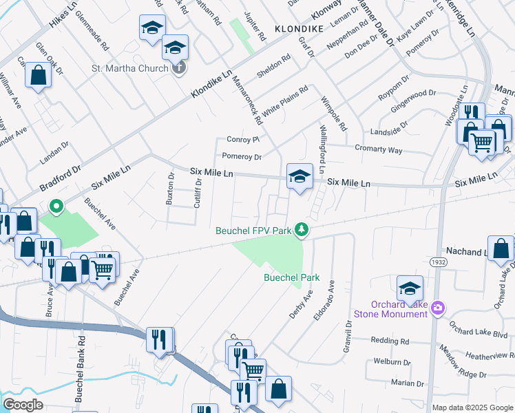 map of restaurants, bars, coffee shops, grocery stores, and more near 6408 6 Mile Lane in Louisville