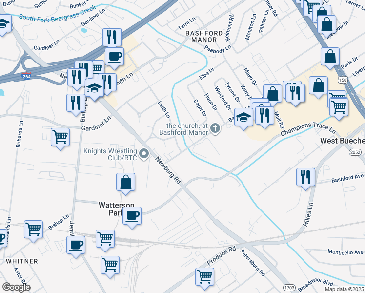 map of restaurants, bars, coffee shops, grocery stores, and more near in West Buechel