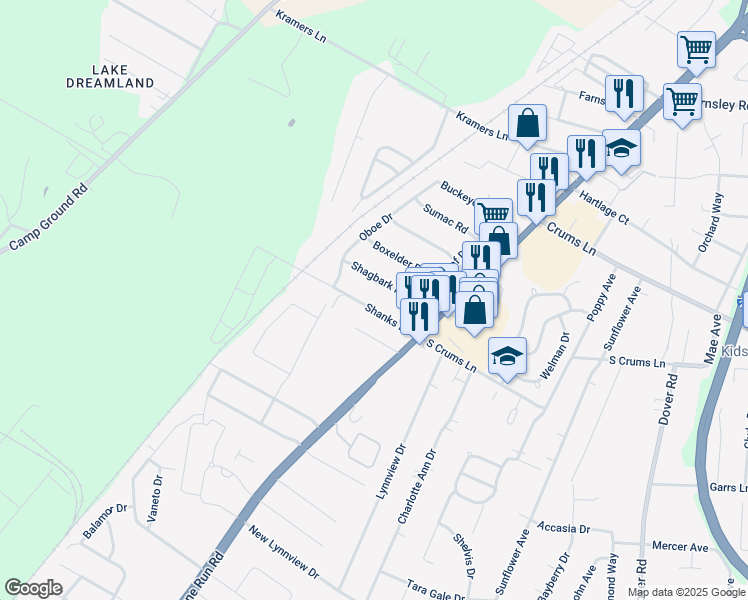 map of restaurants, bars, coffee shops, grocery stores, and more near 3500 Shanks Lane in Louisville