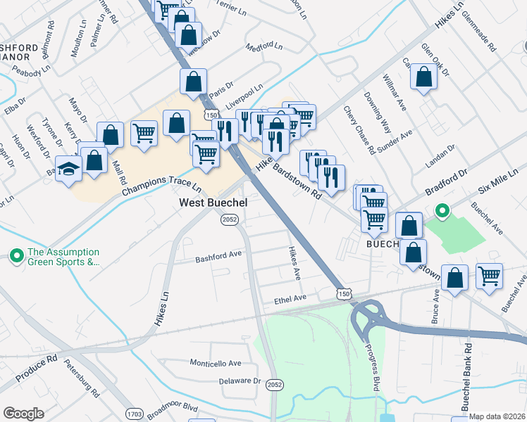 map of restaurants, bars, coffee shops, grocery stores, and more near 3702 Glengyle Avenue in Louisville