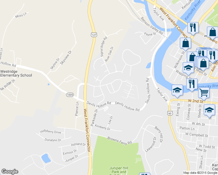 map of restaurants, bars, coffee shops, grocery stores, and more near 1066 River Bend Road in Frankfort