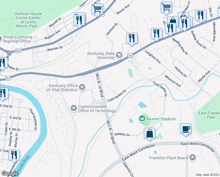 map of restaurants, bars, coffee shops, grocery stores, and more near 315 Old Maryland Avenue in Frankfort