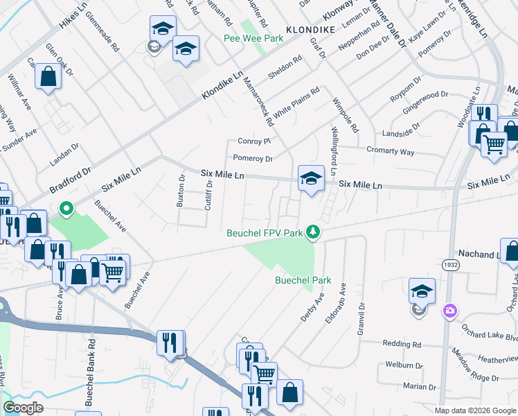 map of restaurants, bars, coffee shops, grocery stores, and more near 6400 By Way Lane in Louisville