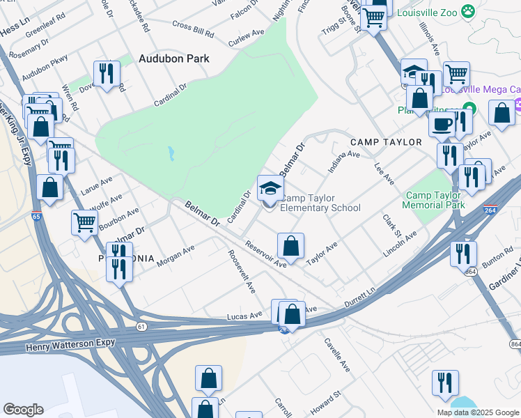 map of restaurants, bars, coffee shops, grocery stores, and more near 1446 Belmar Drive in Louisville