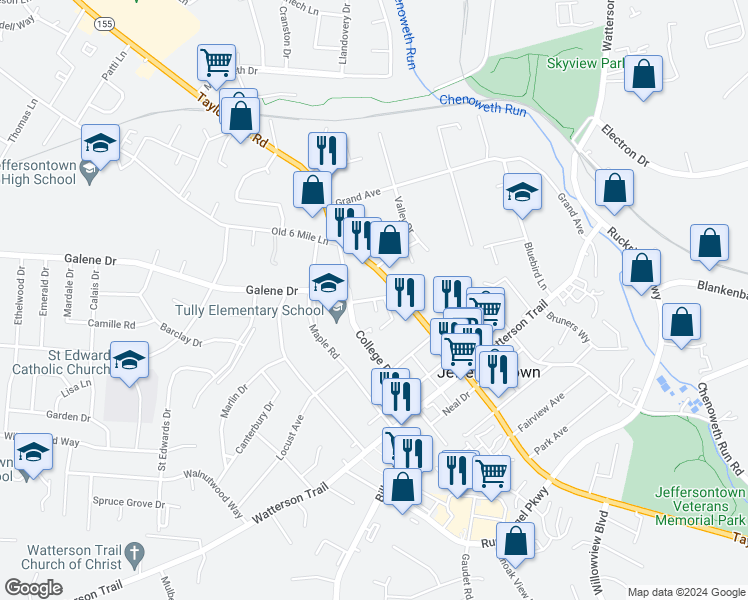 map of restaurants, bars, coffee shops, grocery stores, and more near 3011 Sprowl Road in Louisville