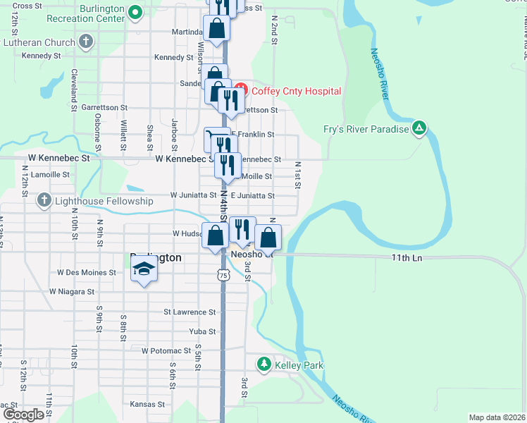 map of restaurants, bars, coffee shops, grocery stores, and more near 203-251 North 2nd Street in Burlington