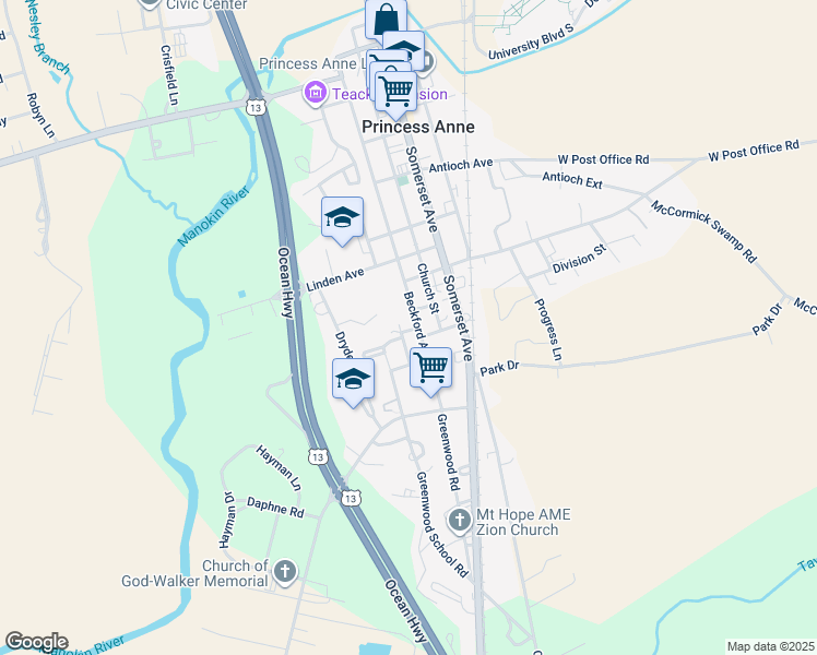 map of restaurants, bars, coffee shops, grocery stores, and more near 11464 Peters Avenue in Princess Anne