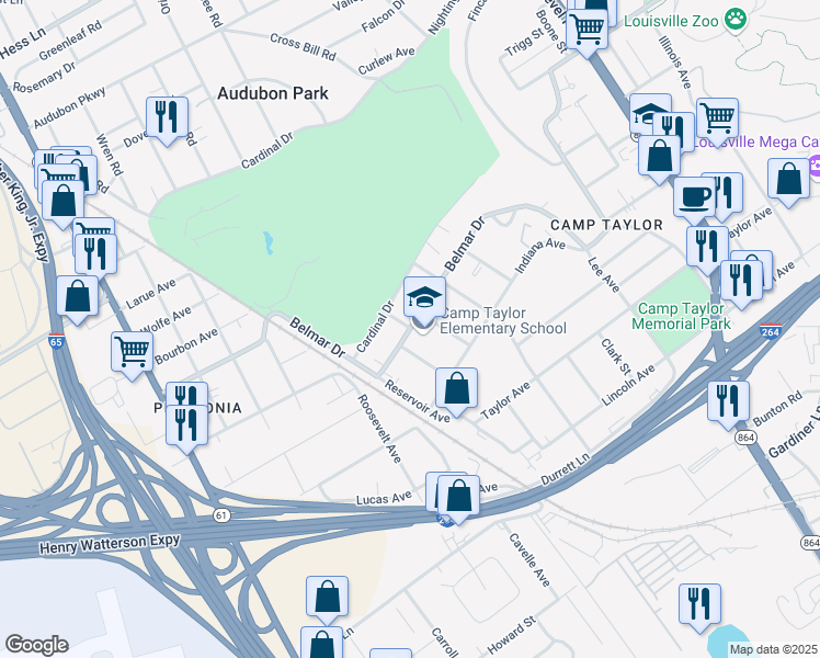 map of restaurants, bars, coffee shops, grocery stores, and more near 1423 Belmar Drive in Louisville