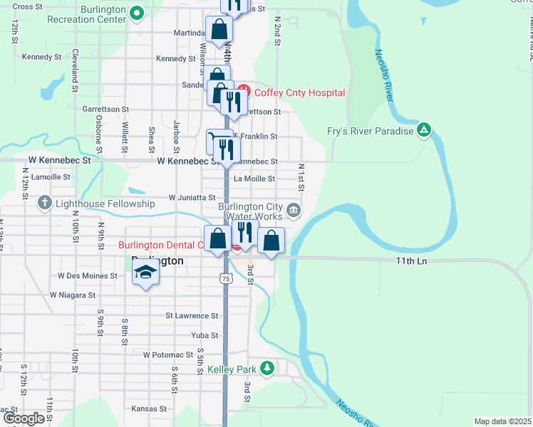 map of restaurants, bars, coffee shops, grocery stores, and more near 203-251 North 2nd Street in Burlington
