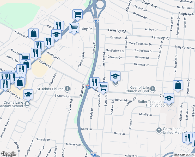 map of restaurants, bars, coffee shops, grocery stores, and more near 4211 Saint Dennis Avenue in Louisville