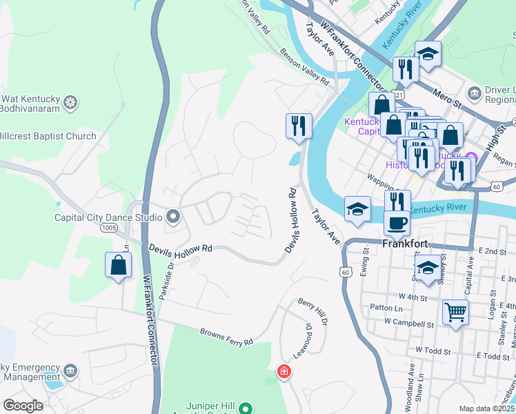 map of restaurants, bars, coffee shops, grocery stores, and more near 81 River Bluff Drive in Frankfort