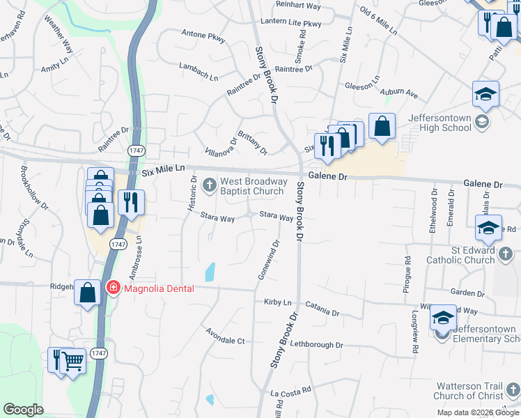 map of restaurants, bars, coffee shops, grocery stores, and more near 8821 Stony Falls Way in Jeffersontown