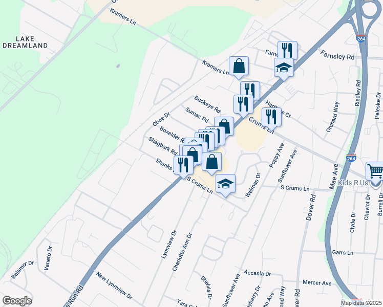 map of restaurants, bars, coffee shops, grocery stores, and more near 4508 Broadleaf Drive in Louisville