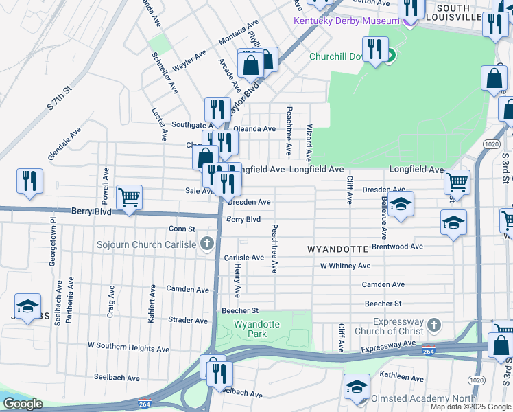 map of restaurants, bars, coffee shops, grocery stores, and more near 1118 Dresden Avenue in Louisville